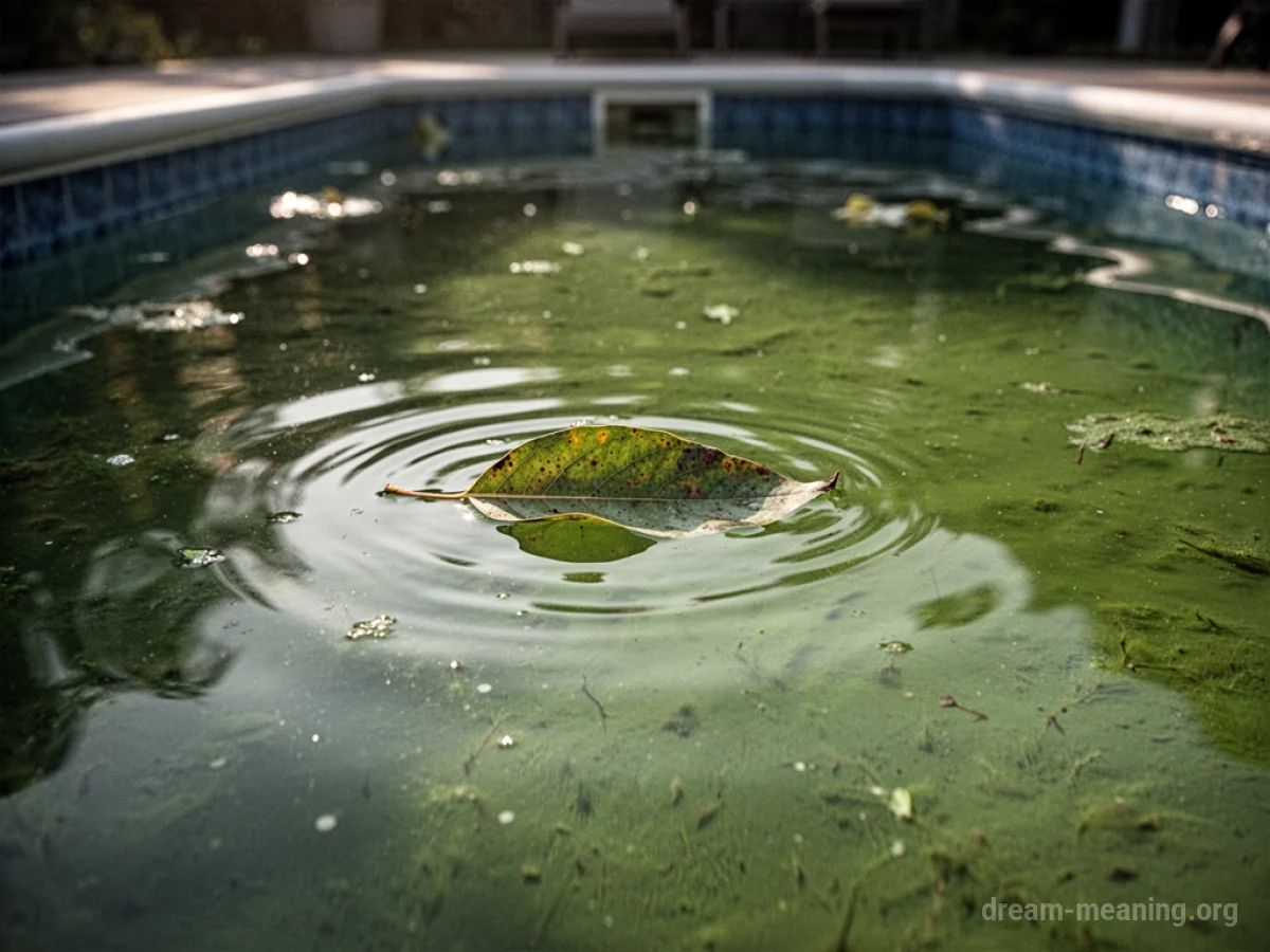 A swimming pool filled with murky green water and a single leaf.