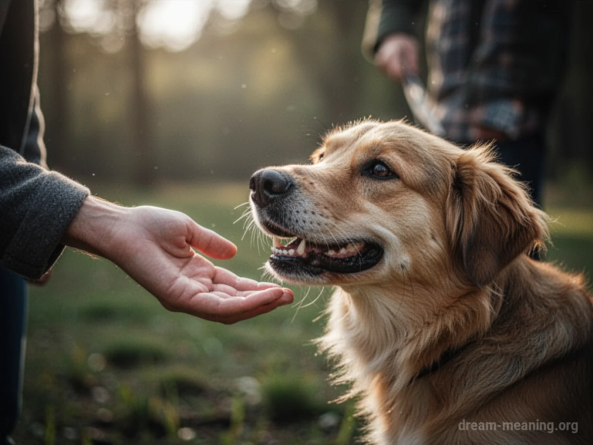 A person's hand reaching towards a dog's head.