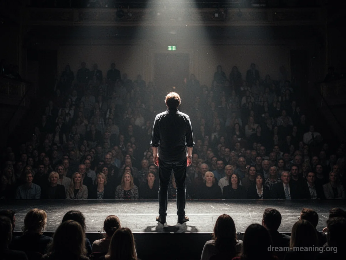 A lone figure on a stage in front of blurred, dark shapes.