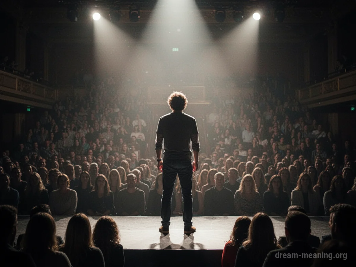 A person on a stage facing a dark crowd.