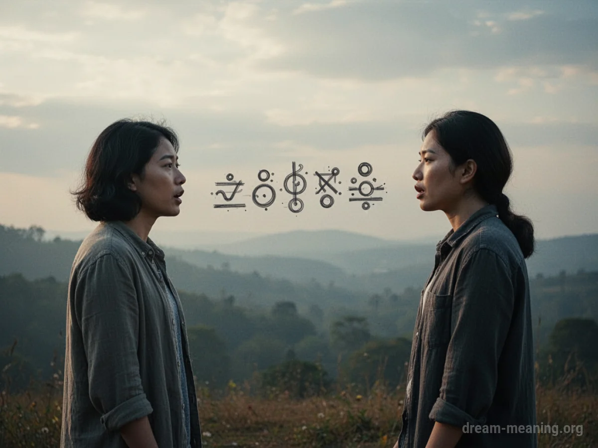 Two people separated by a cloud of unintelligible symbols.