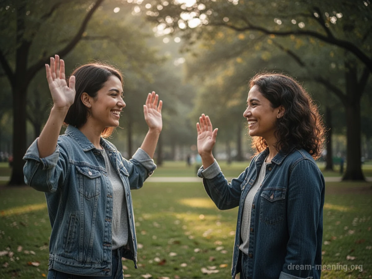 Two people waving hello to each other in a park.