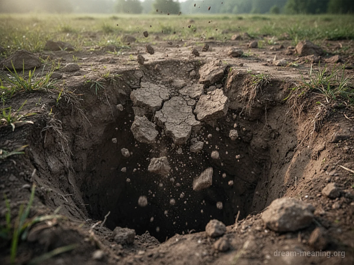 A section of the ground is breaking apart and falling downwards.