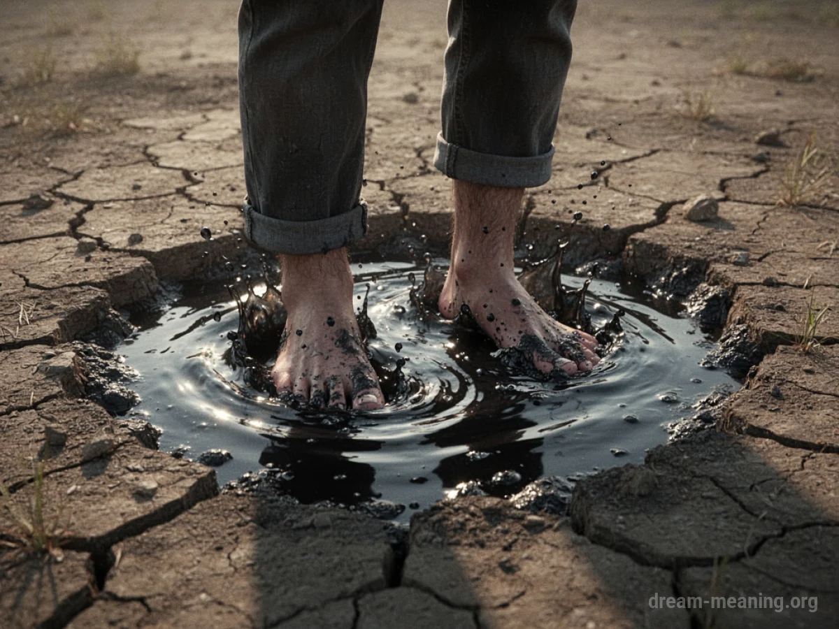 Feet sinking into dry earth dissolving into dark liquid.