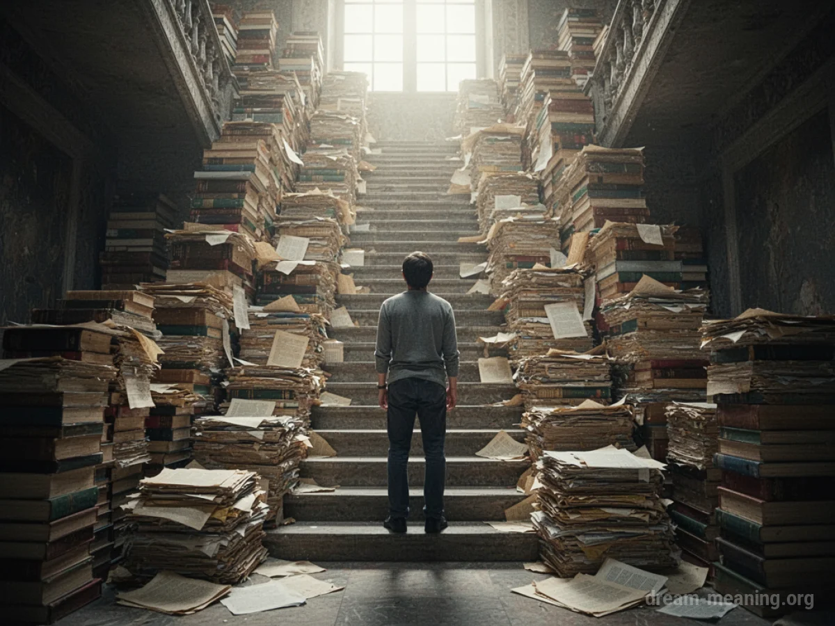 A person looks up at a tall staircase made of books and papers.
