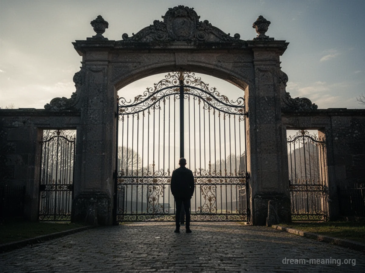 Silhouette of a person standing in front of a large gate.