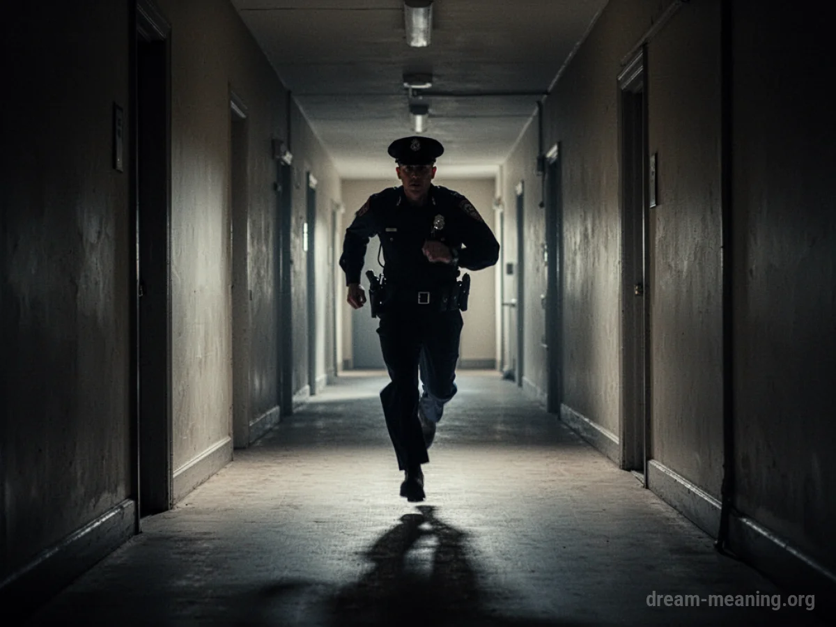 A silhouette of a person running away from a uniformed guard down a corridor.