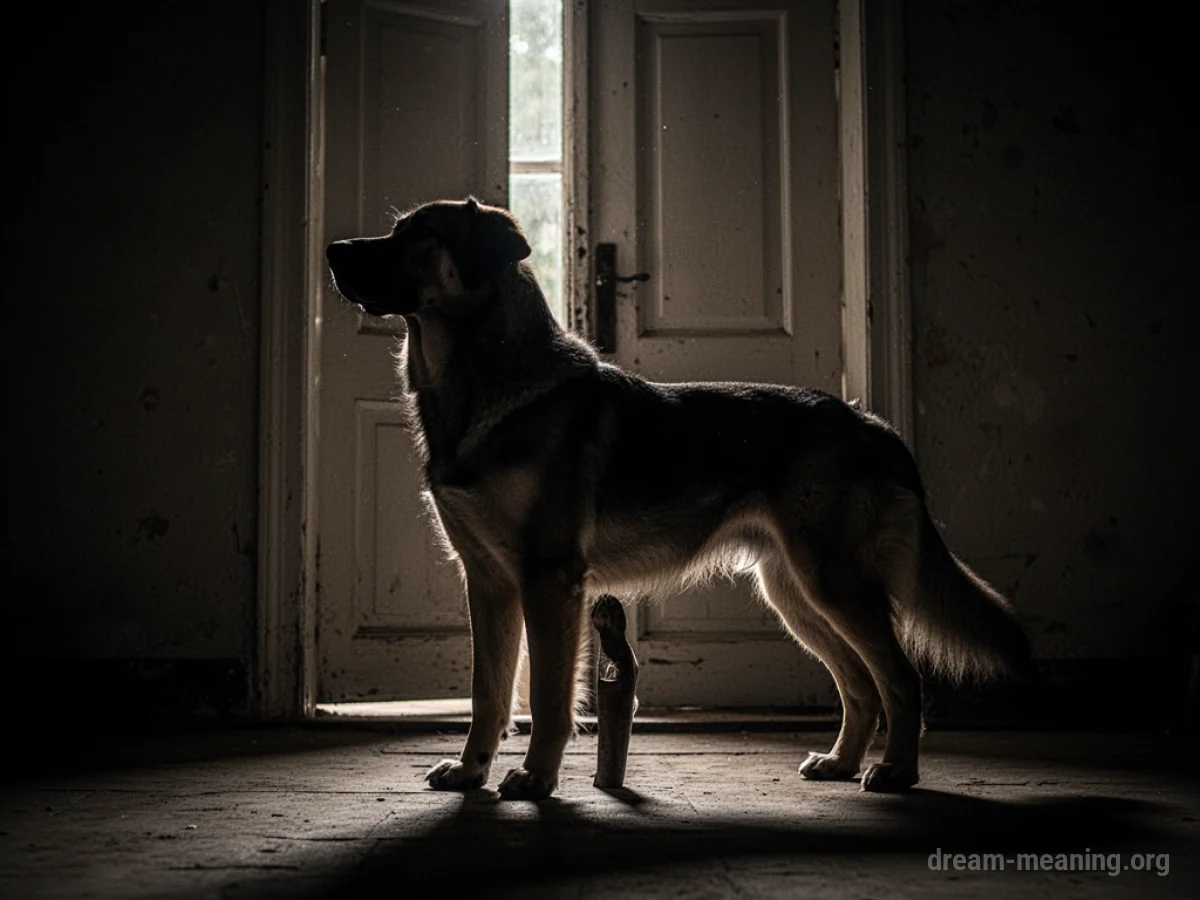 Silhouette of a dog standing guard at a doorway.