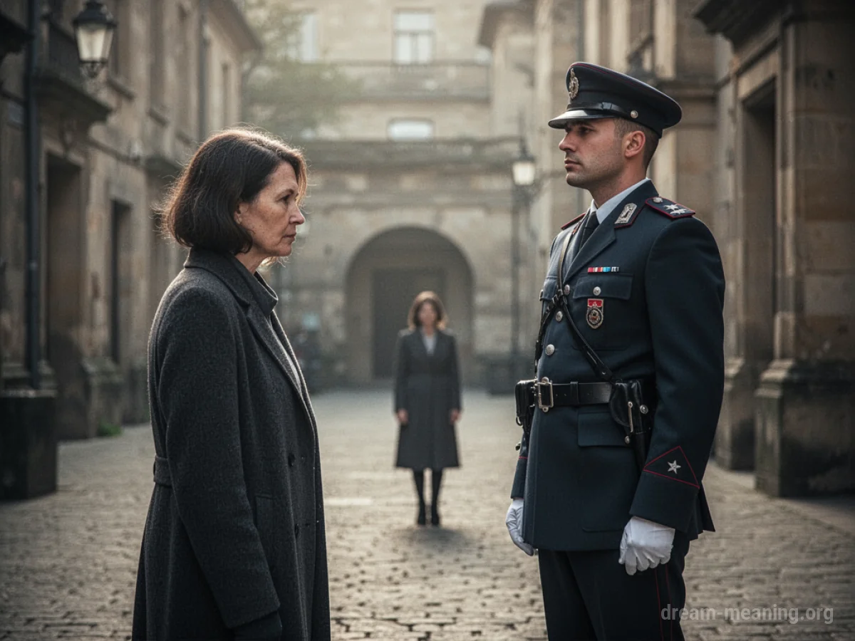 A person stands near a guard who is looking in the opposite direction.
