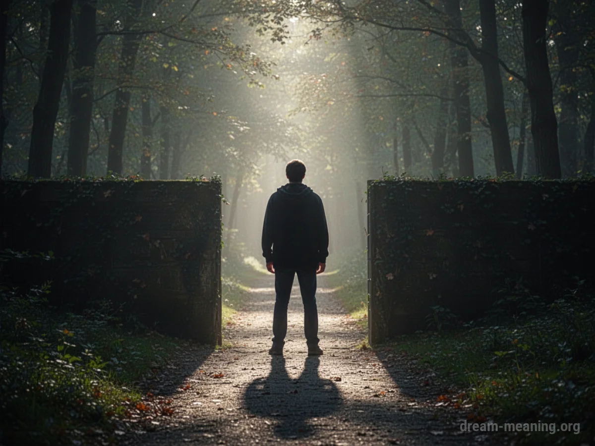 A silhouette of a person standing before an open gate.