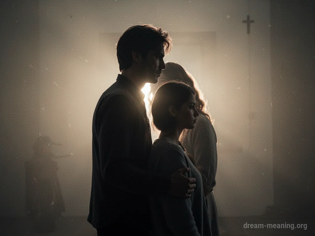 Silhouette of a protective figure standing in front of another person.