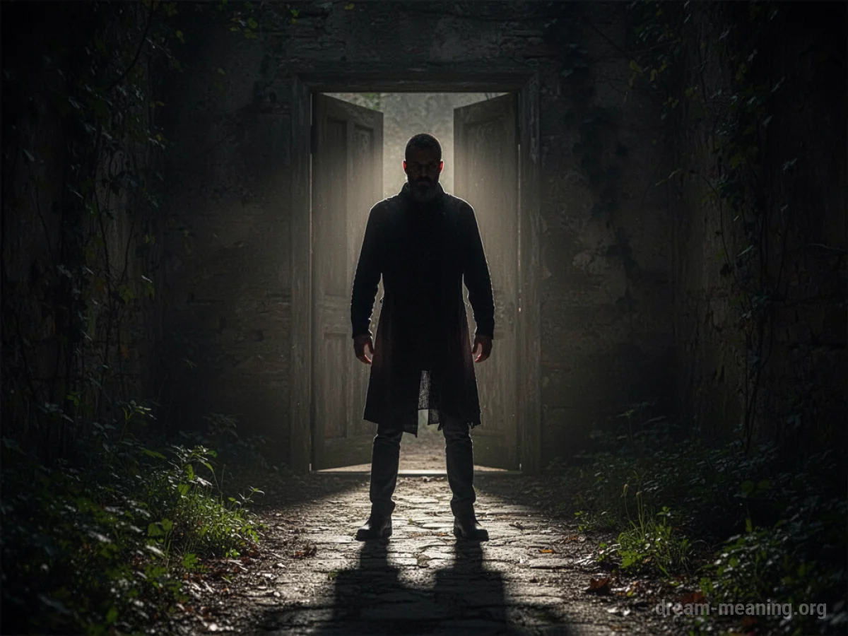 A silhouetted figure stands in a doorway, blocking passage.