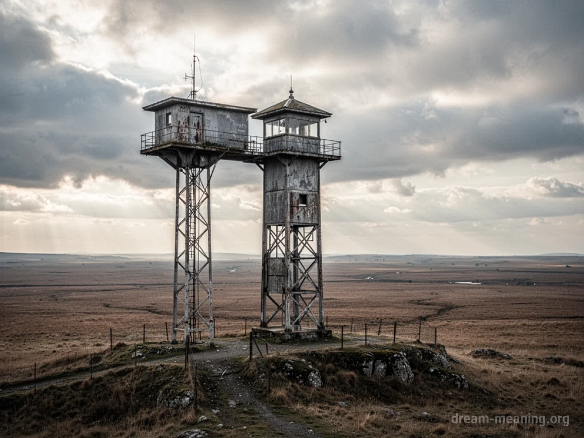 A tall watchtower stands alone in a barren landscape.