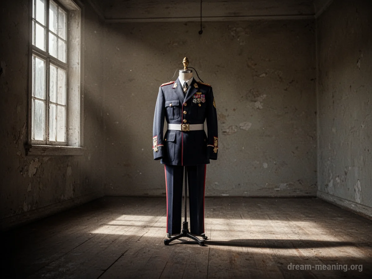 A formal guard uniform hanging on a mannequin.