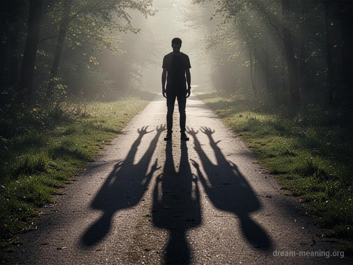 Silhouette of a person casting a long, heavy shadow on a path.