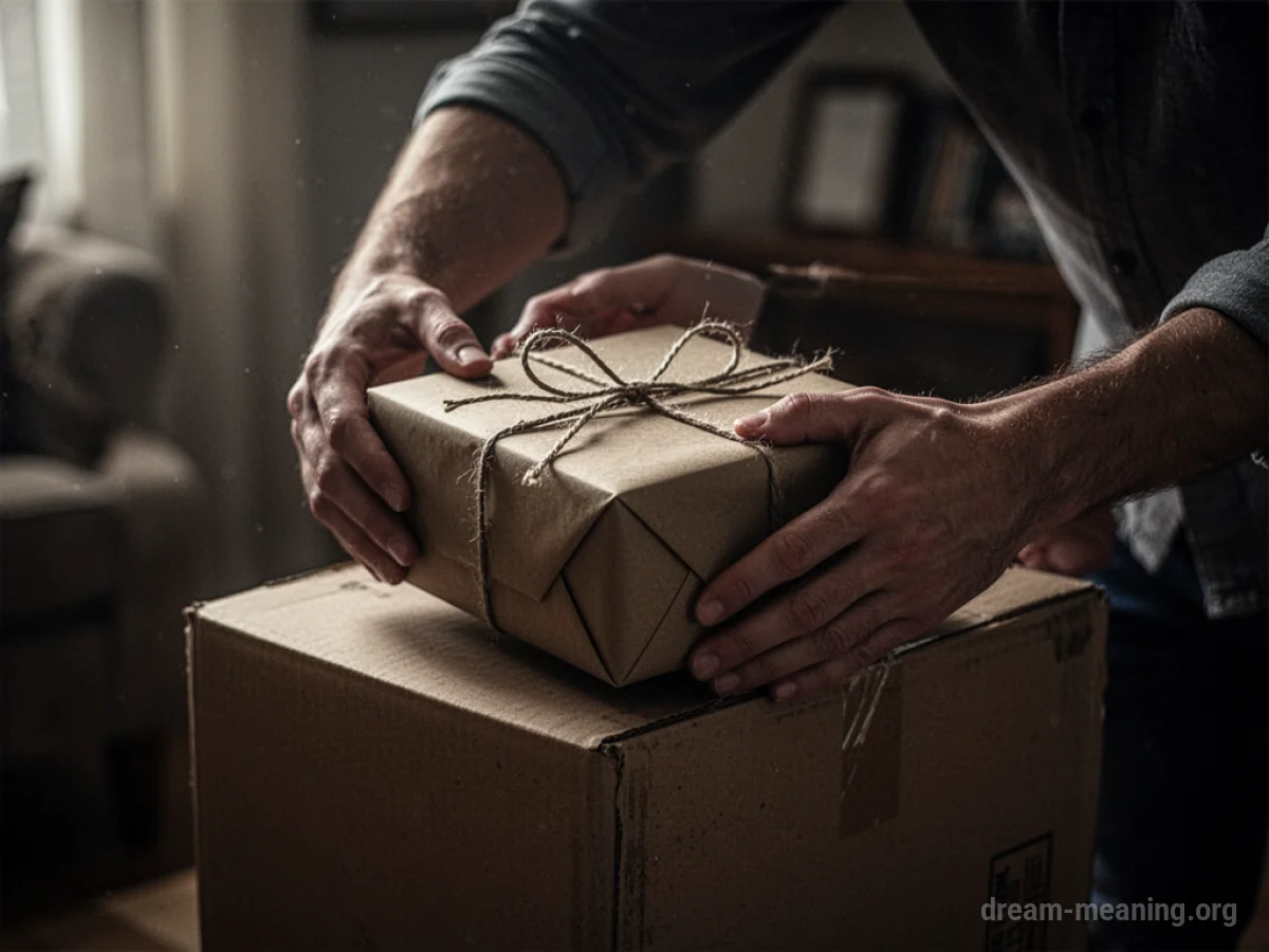 Hands placing a wrapped gift box behind a larger item.