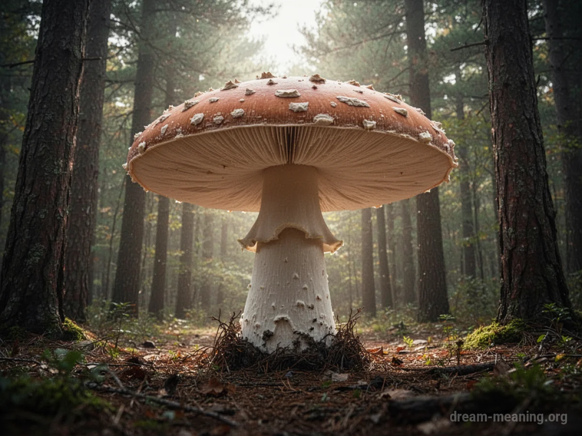 An unusually large mushroom stands tall in a forest.