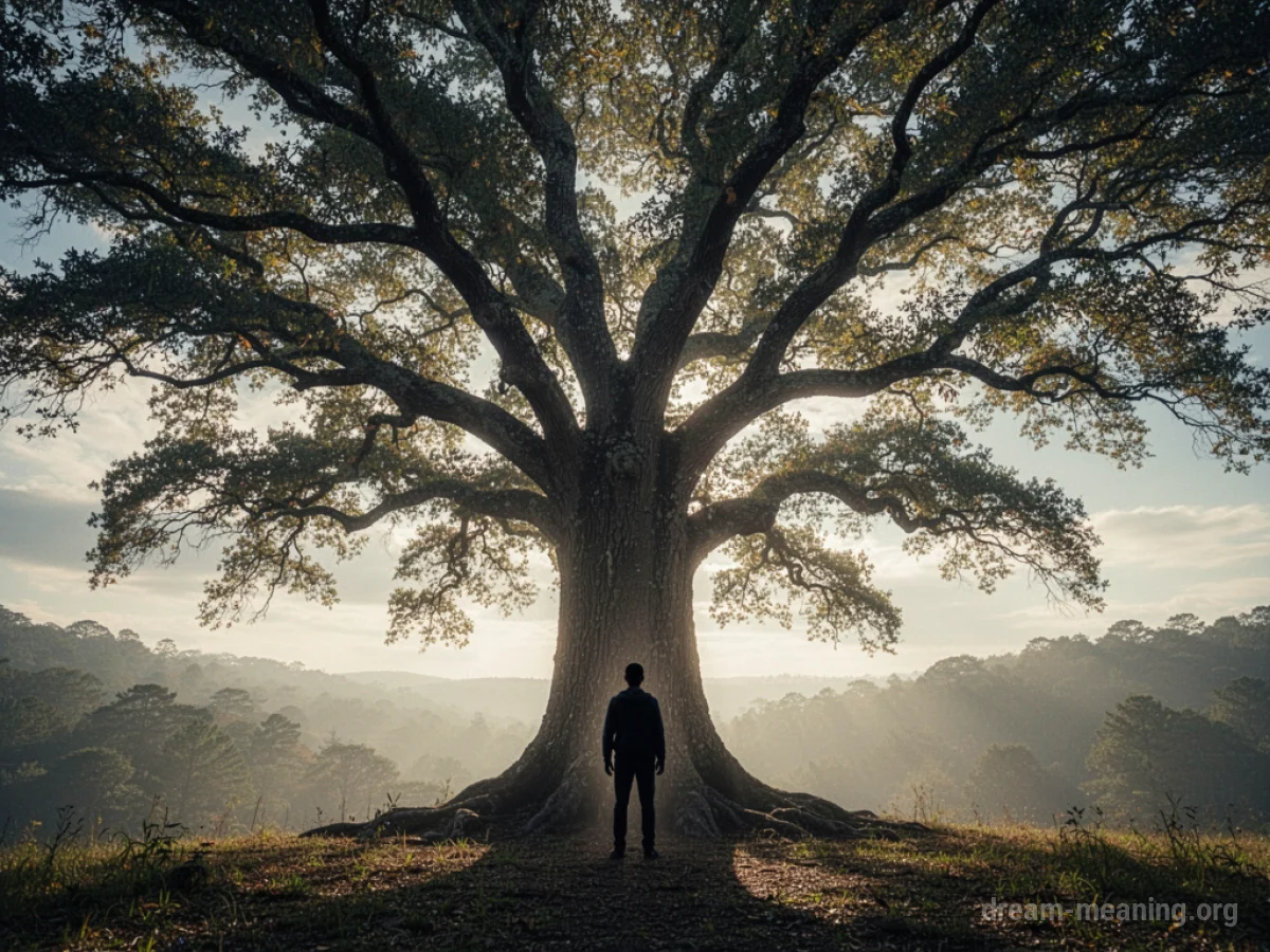 Silhouette of a person beneath a large, upward-reaching tree.