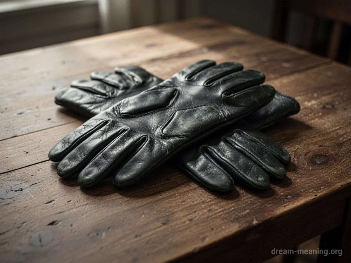 A pair of dark leather gloves on a wooden surface.