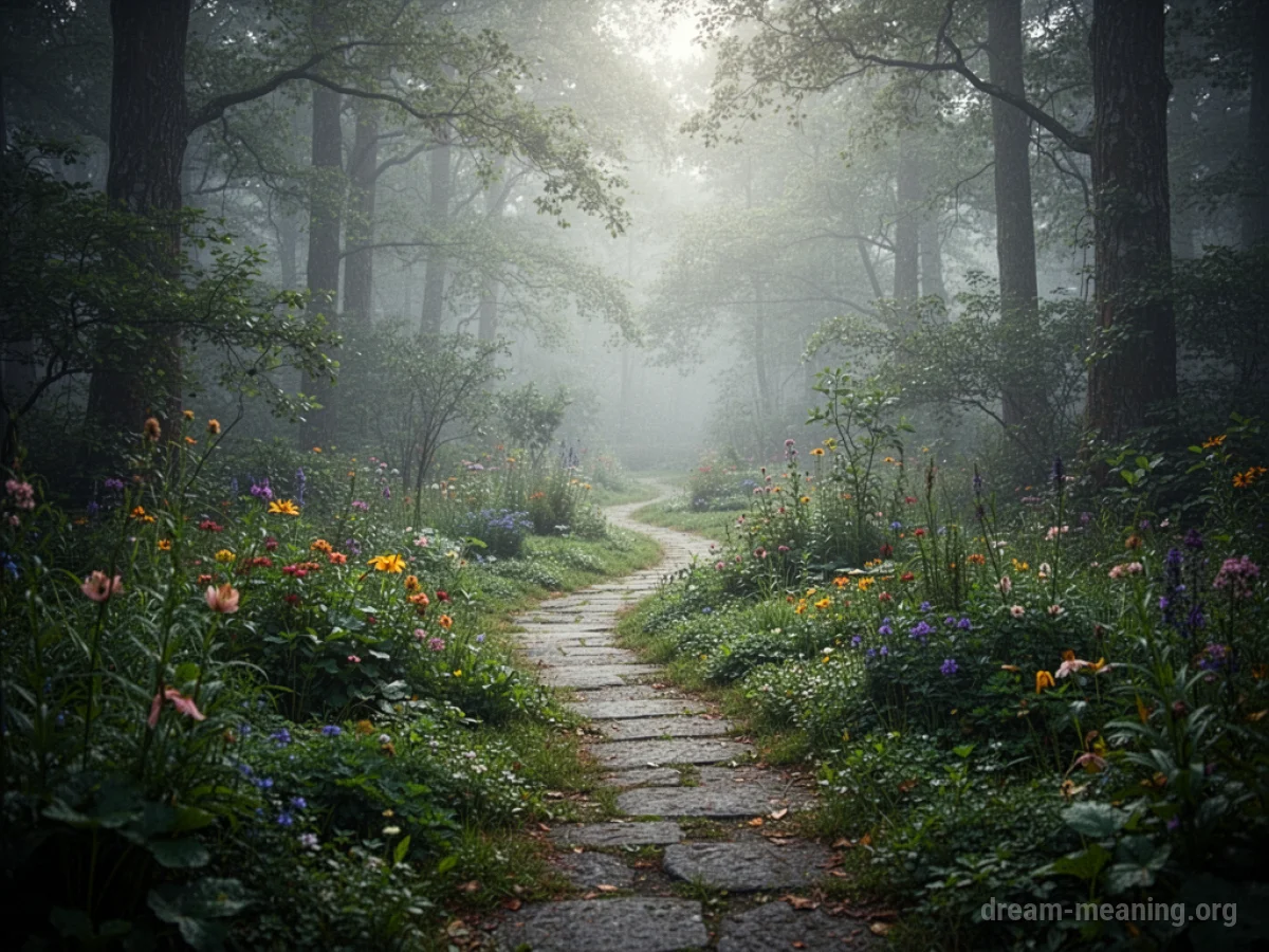 A narrow garden path disappearing into a dense, foggy woods.