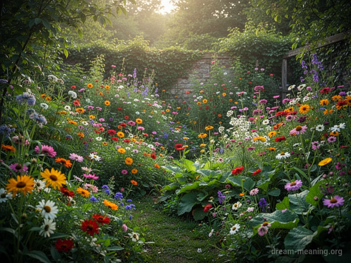 A close-up view of a densely planted garden overflowing with green leaves and bright flowers.