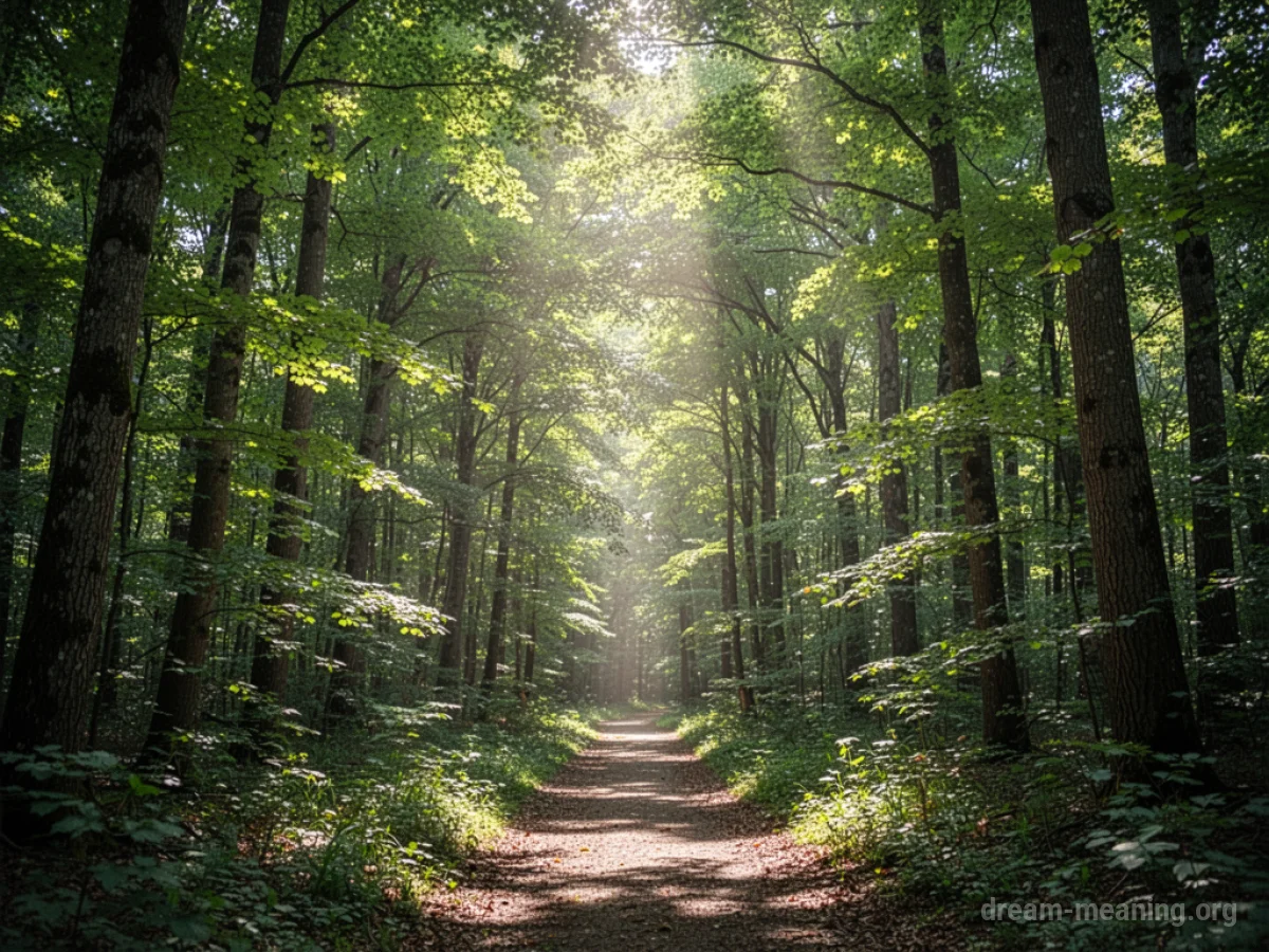 Sunlight streams through a vibrant green forest canopy onto a winding path.