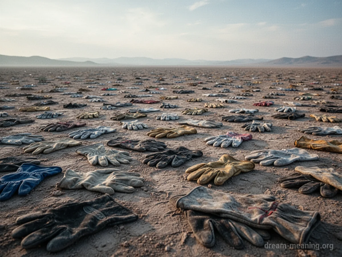 Numerous gloves spread out across a barren terrain.