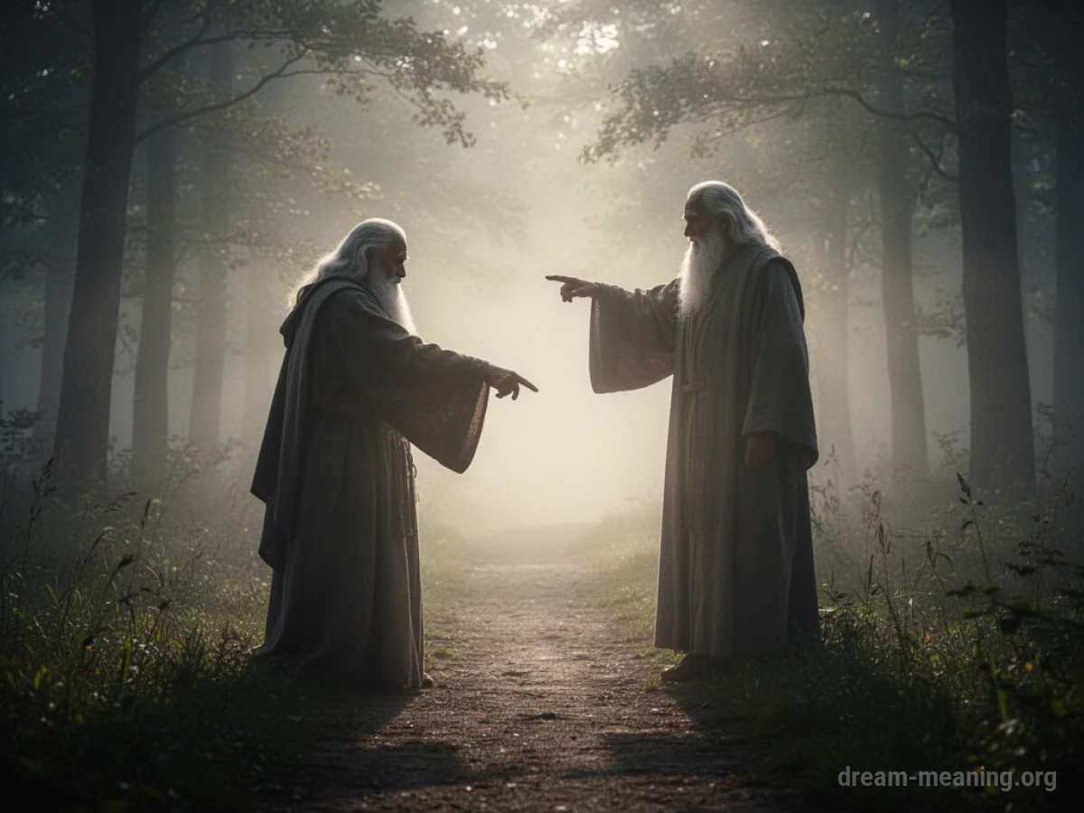 A silhouette points towards a path disappearing into mist.