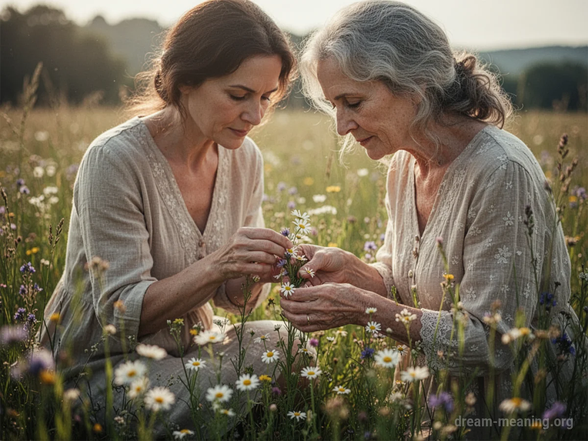 A woman's hands picking wildflowers in a field.