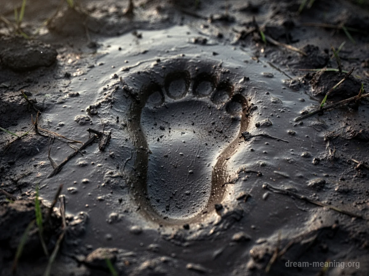 A footprint sinking into dark, wet mud.