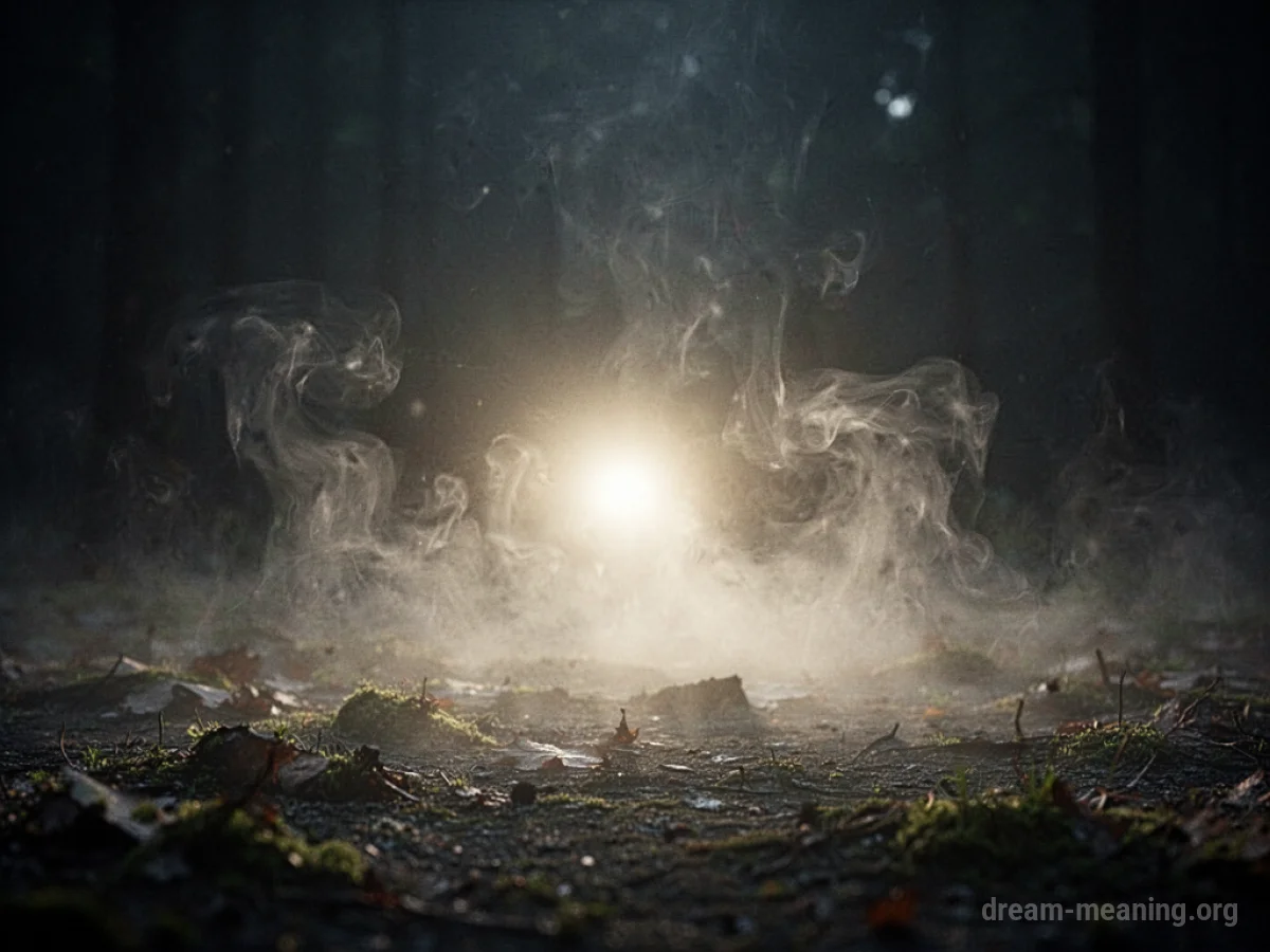 A soft, diffused light glowing in darkness with faint mist.