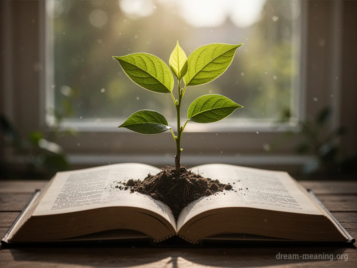 A small green plant growing out of an open book.