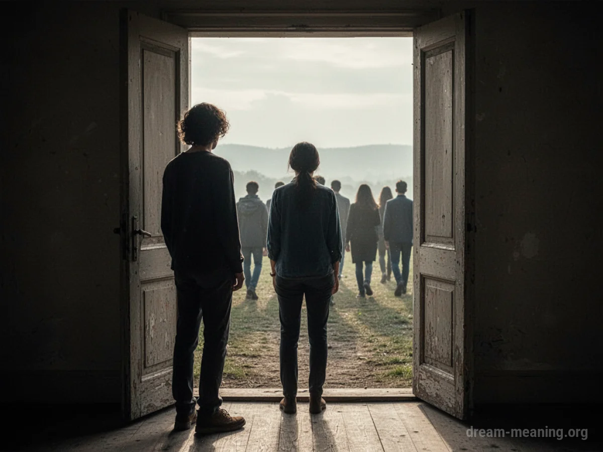 A solitary figure stands in an open doorway, facing away from a group of people who are moving further into the distance.