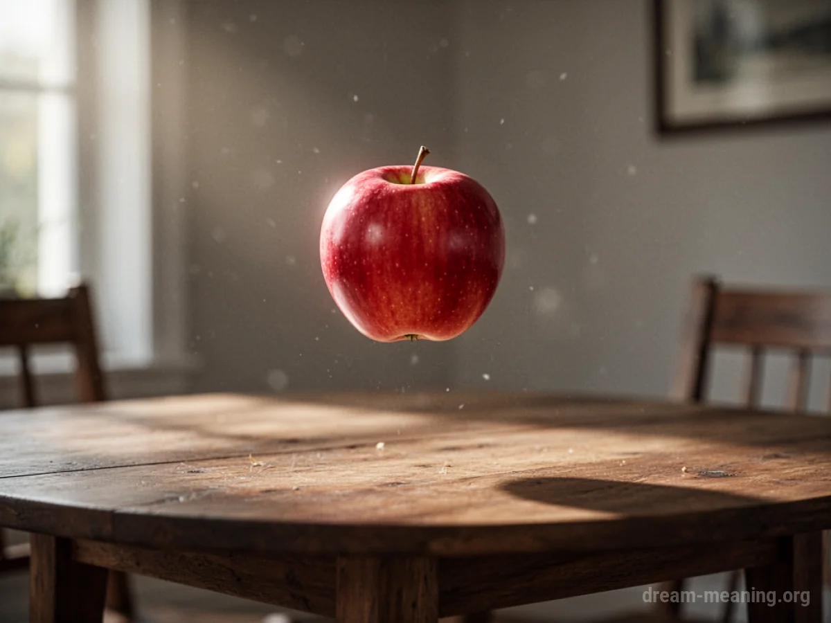 An apple floating upwards from a table.