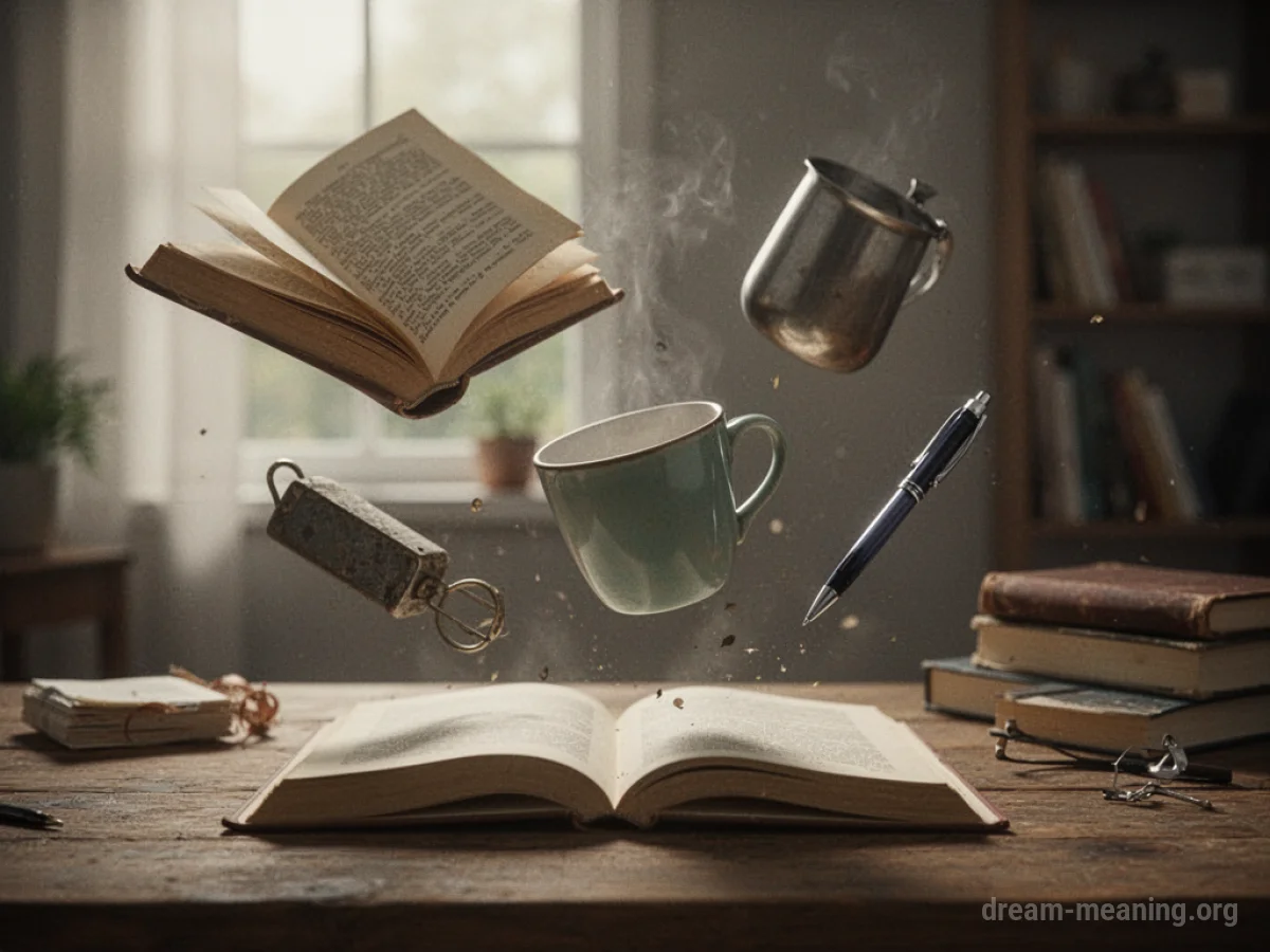 Everyday objects drifting upwards and away from a flat surface.