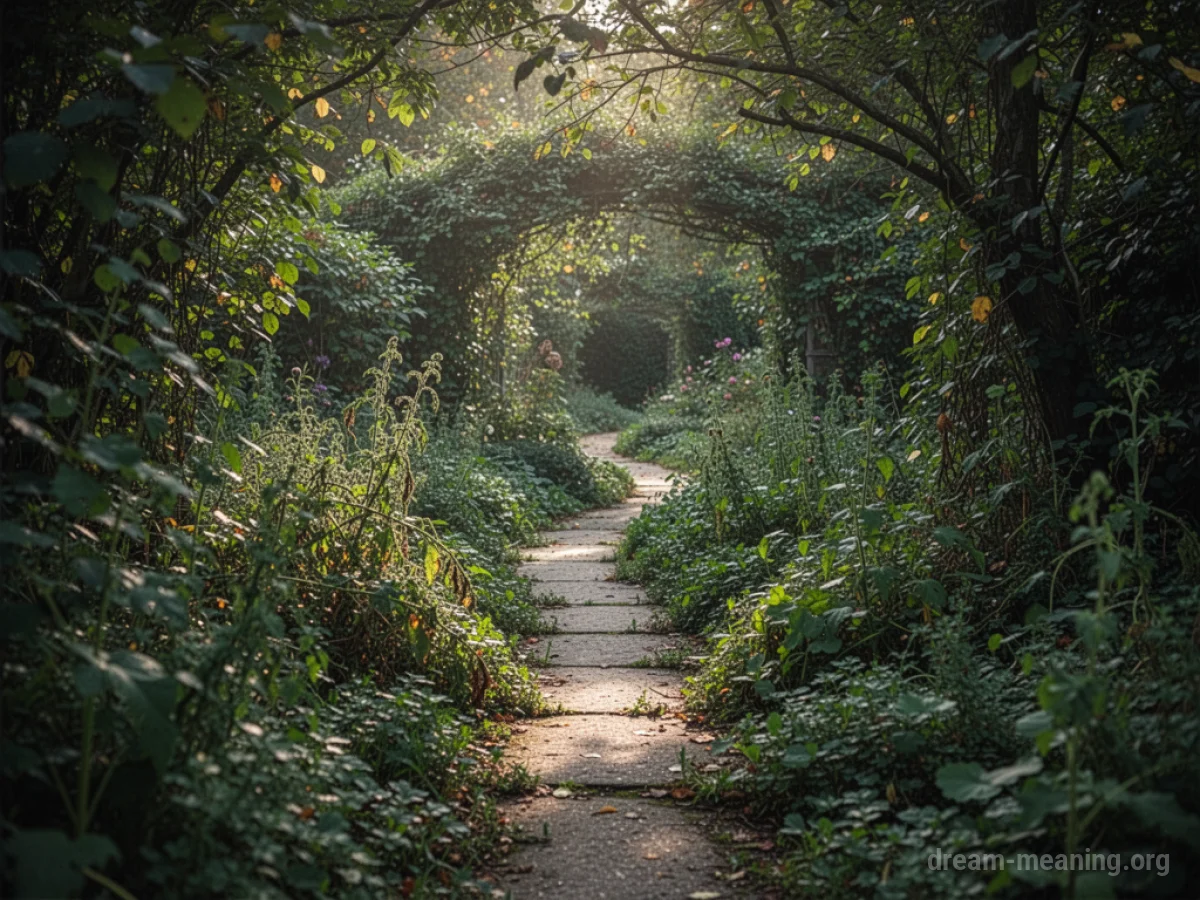 A garden path heavily obscured by dense, wild plant growth.