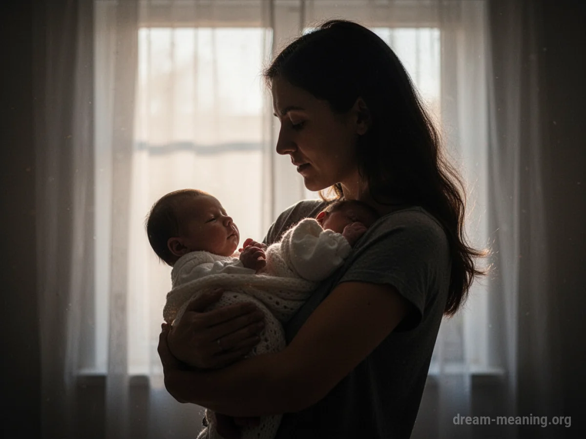 Silhouette of a person holding a baby against a soft light.