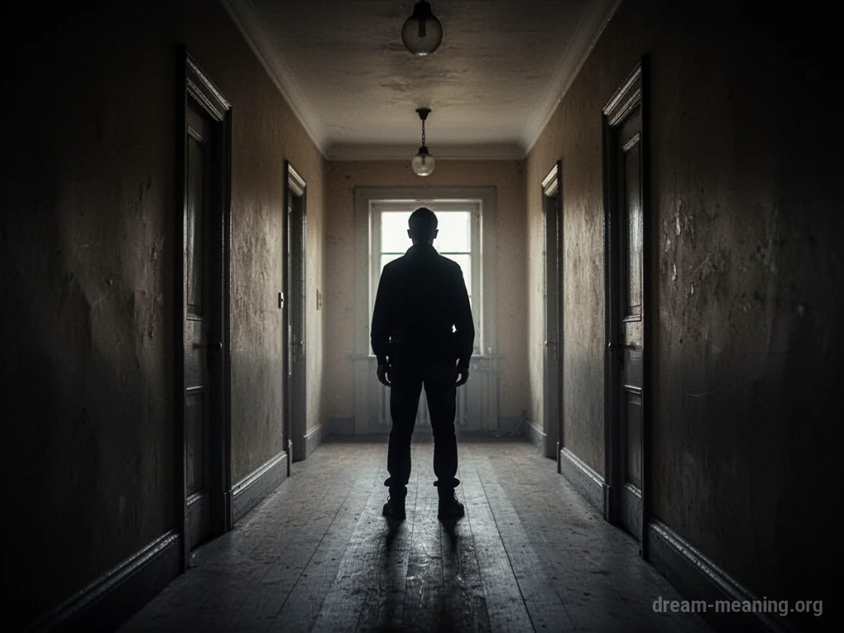 Silhouette of a person standing guard in a hallway.