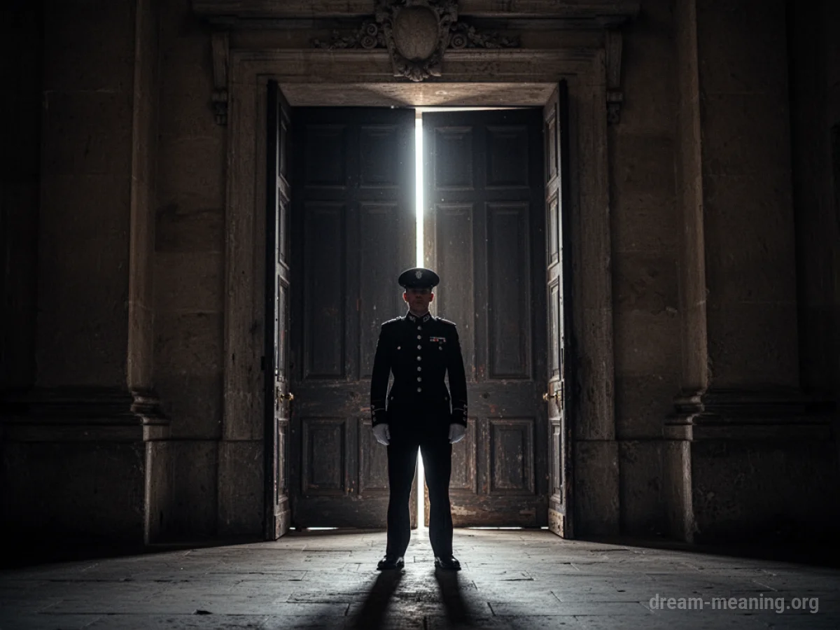 Silhouette of a uniformed figure standing in a shadowed doorway.