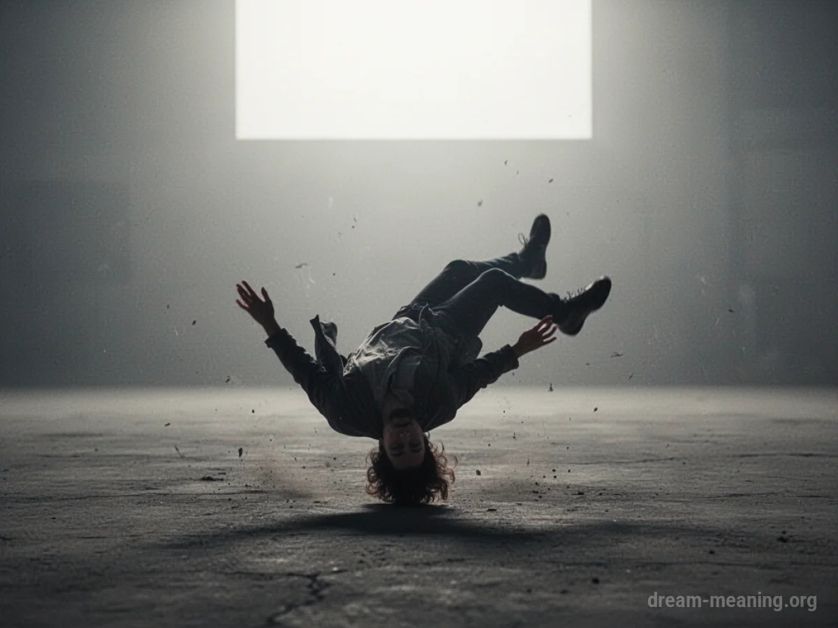 Silhouette of a person falling backward onto a flat surface.