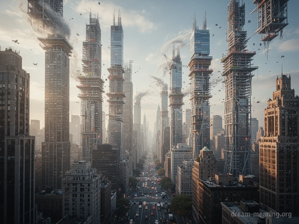 A city skyline with buildings rapidly expanding upwards and outwards.