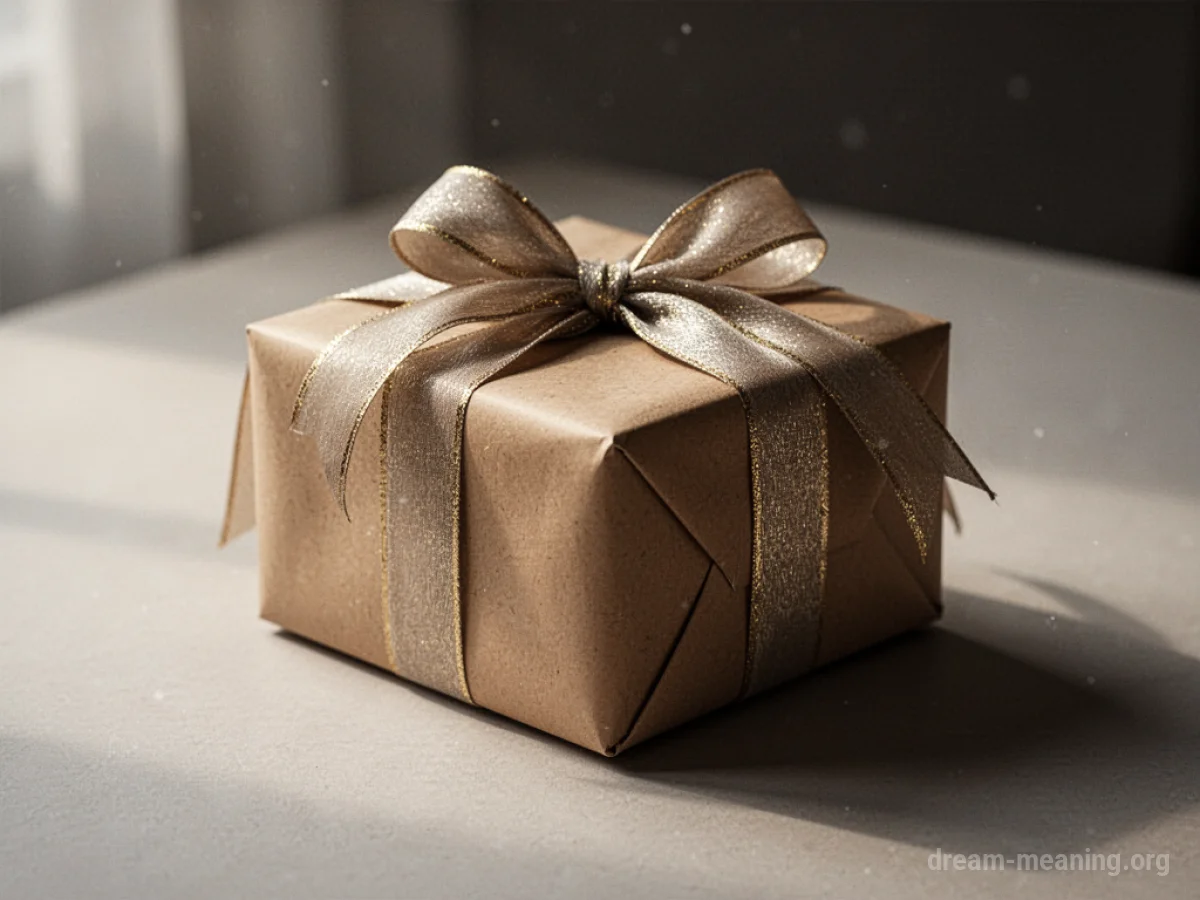 A closed gift box with a decorative ribbon.