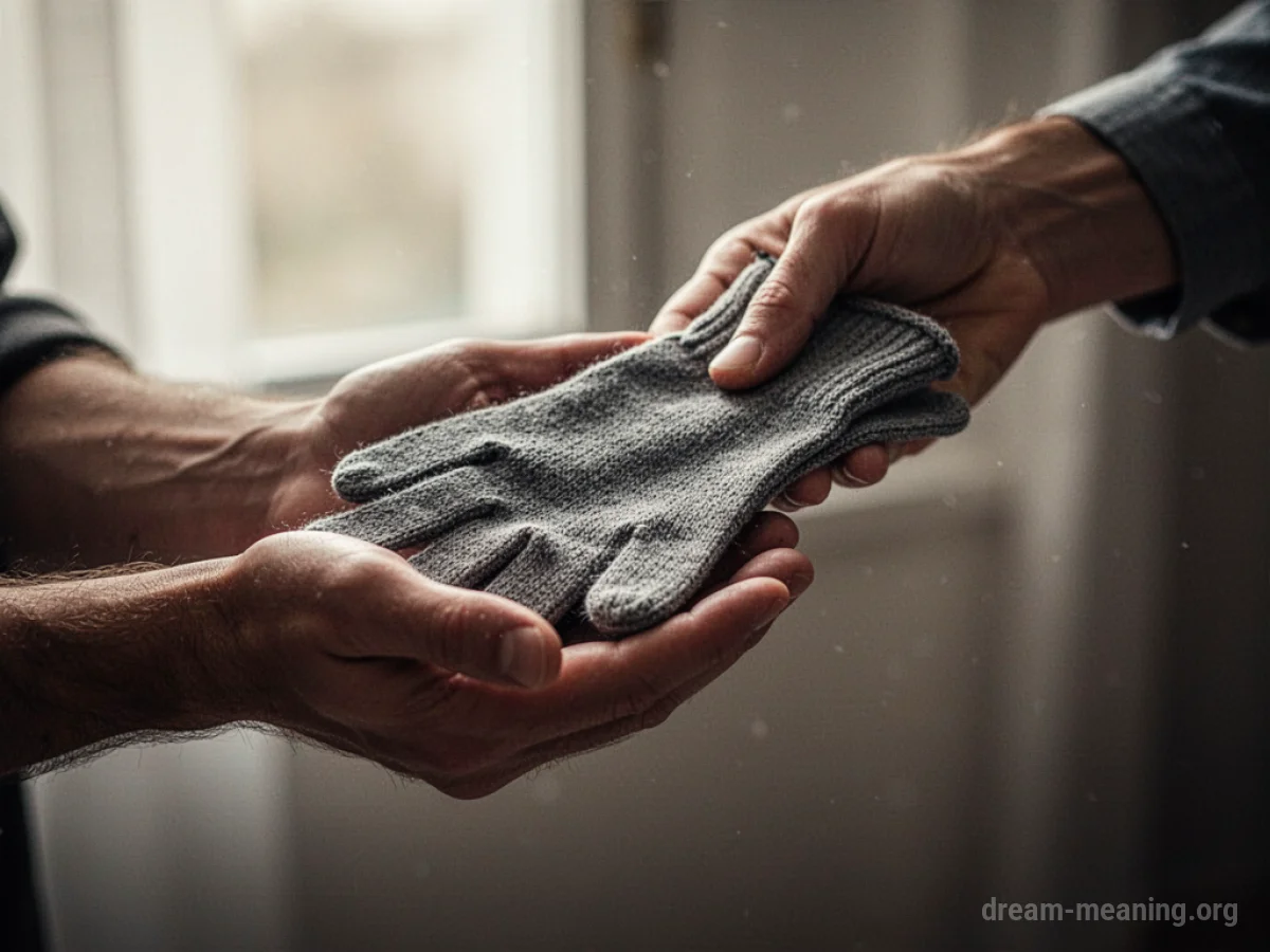 A gloved hand being offered to another hand.