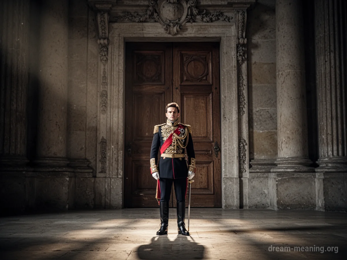 A person in a historical uniform stands guard at a large doorway.