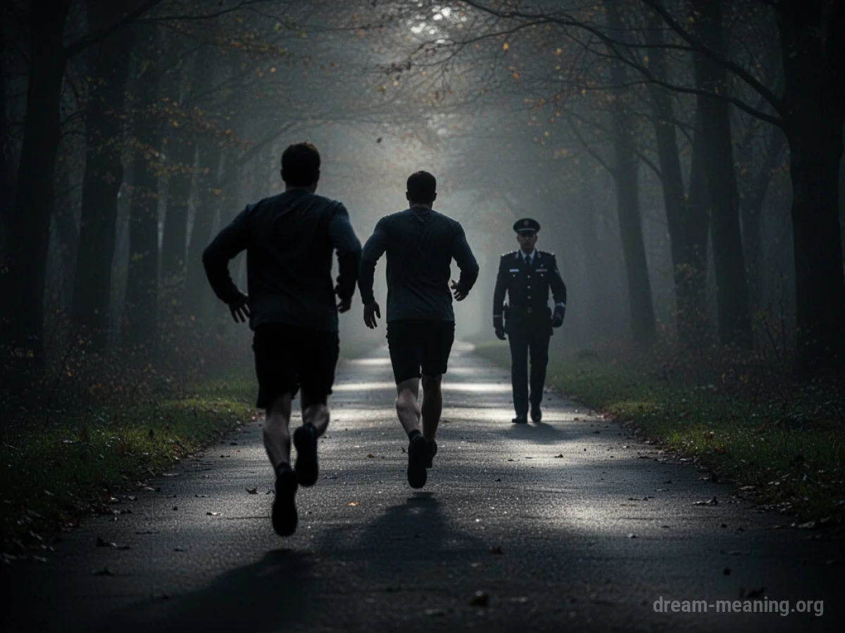 Silhouette of a person running away from a uniformed guard on a path.