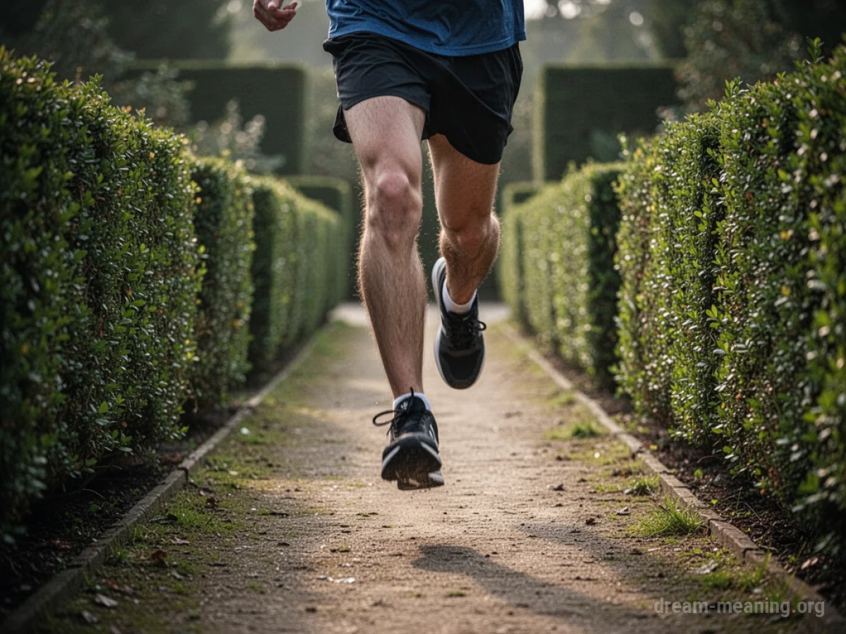 Legs of a person running down a path in a garden.