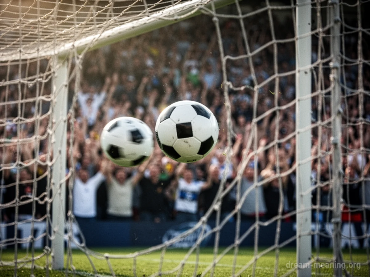 A soccer ball in mid-air moving towards a goal net.