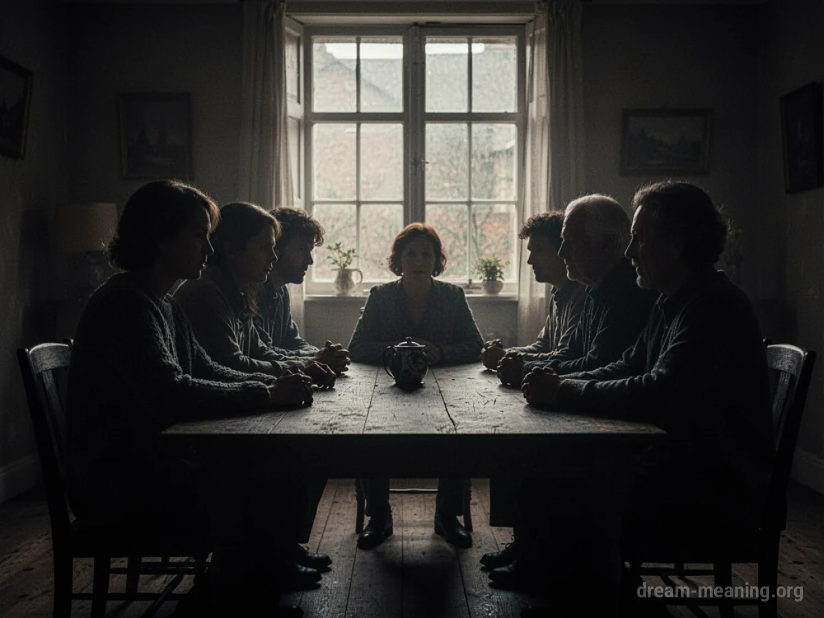 Silhouettes of people gathered around a table in a dimly lit room.