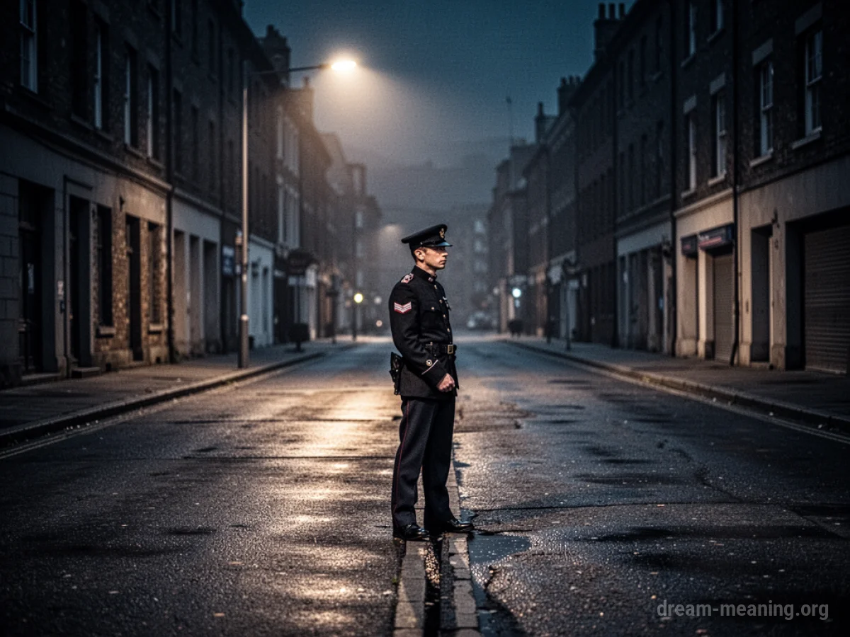 A lone security guard standing watch on an empty street at night.