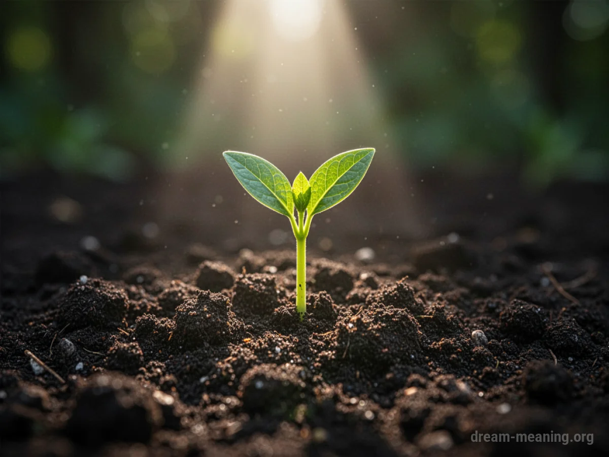 A tiny green seedling pushing through dark earth.